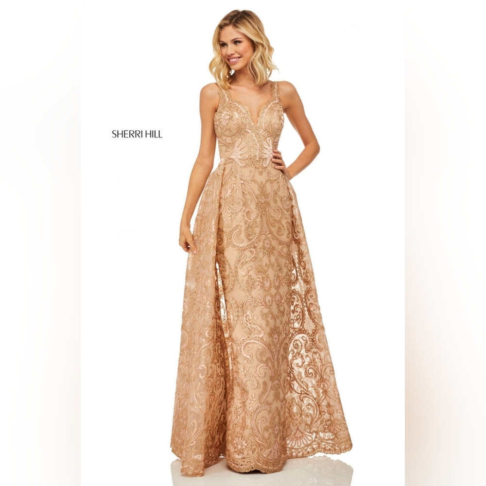 Sherri Hill #52878 Gold Lace Gown, Size 8